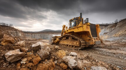 Obraz premium A bulldozer works diligently in a rocky quarry surrounded by hills as ominous clouds loom overhead. The area shows signs of excavation and earth movement