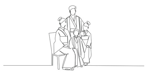 one continuous line drawing of a family portrait in traditional japanese clothes.single line vector illustration of traditional japanese clothes.line art of japanese fashion style