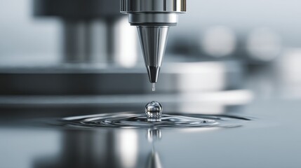 A finely tuned apparatus releases a droplet of liquid, creating ripples on a reflective surface