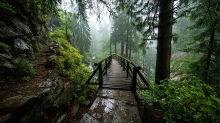 Obraz premium A tranquil forest path leads to a rustic wooden bridge surrounded by vibrant green foliage. Rain falls gently, creating a misty atmosphere that enhances the enchanting natural beauty