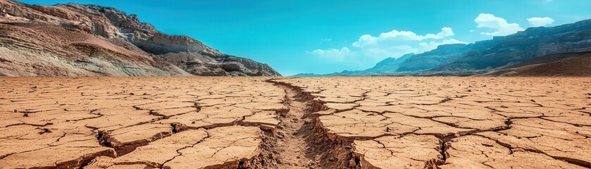 A vast, cracked landscape under a bright blue sky, showcasing dry earth and distant mountains, illustrating the effects of drought or arid conditions.