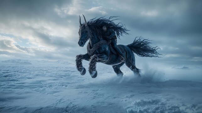Sleipnir galloping across a frozen plain mythical horse arctic landscape dramatic action shot dynamic view