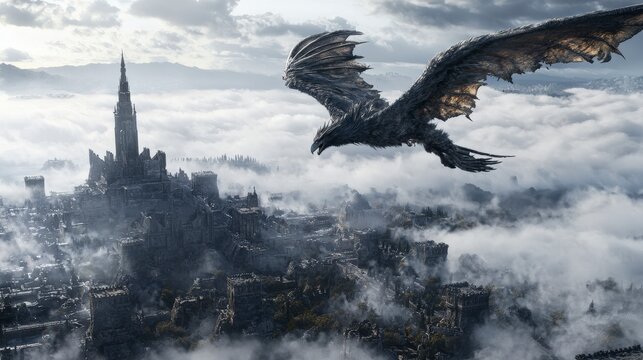 A grud soaring over a medieval city fantasy landscape cloudy sky dynamic viewpoint epic concept