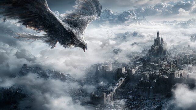 Majestic grud soaring above enchanted cityscape fantasy realm digital art cloudy atmosphere aerial perspective