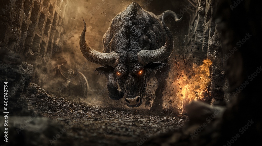 Poster Fierce minotaur charging through dark labyrinth action scene mythical environment dynamic perspective