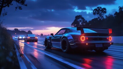 Night drive wallpaper hd cool cars on wet road with neon lights and dark sky aesthetic background