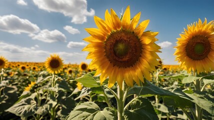 A vibrant field of sunflowers in full bloom under a radiant summer sun