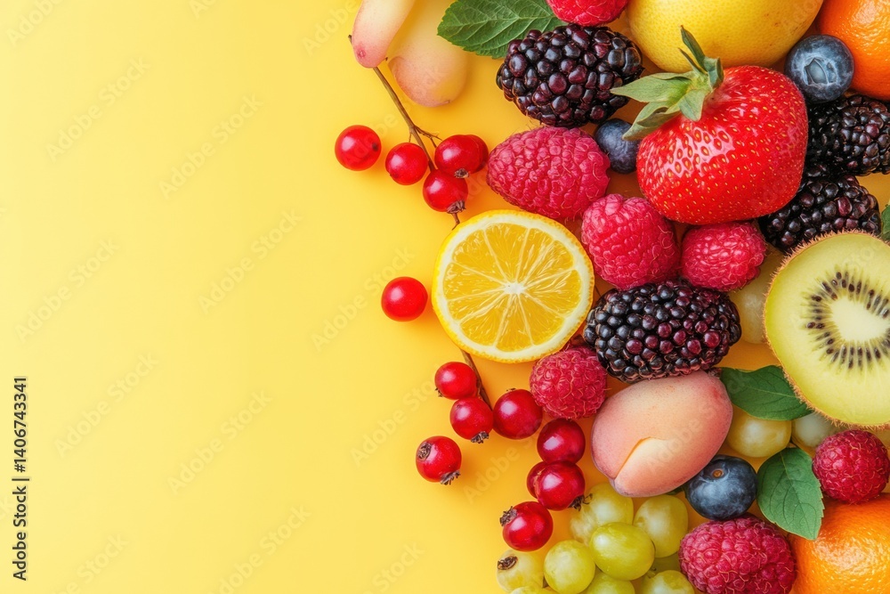 Fototapete Fresh fruits and berries create a vibrant and colorful display on a pastel background in a minimal style arrangement