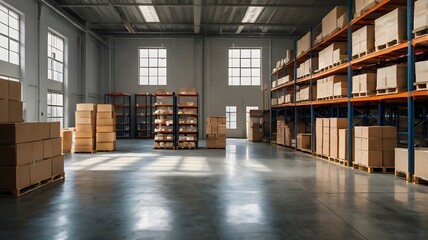 A spacious warehouse with shelves stocked neatly with boxes and goods