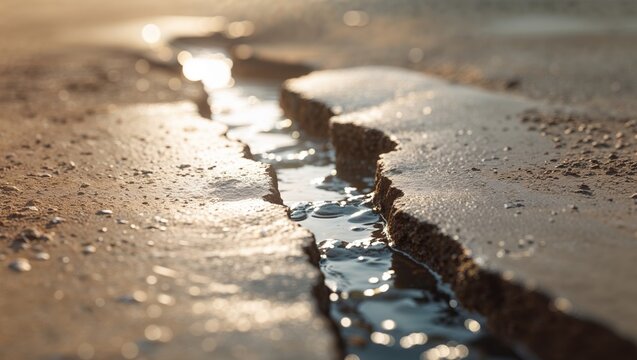 A crack in the ground with water seeping through it