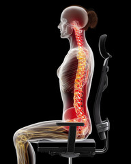 Low back pain spine ergonomics posture chronic. Long-term sitting posture affecting lumbar compression health.