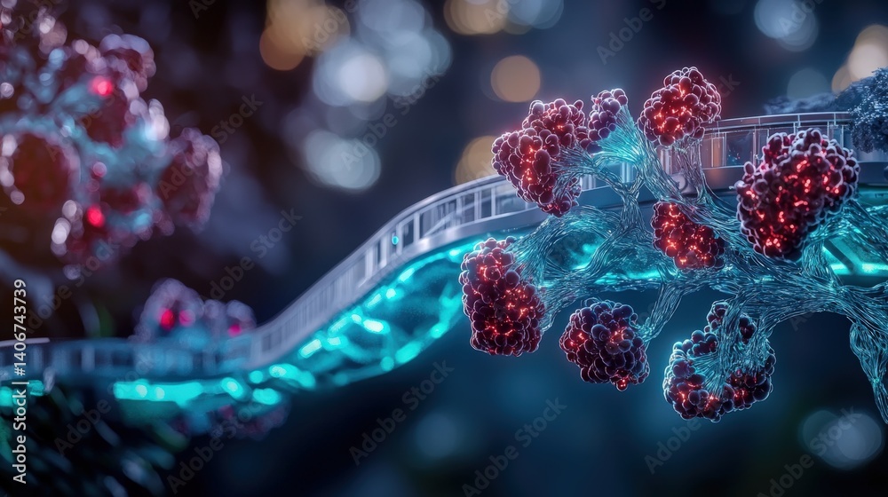 Poster molecular interaction event showcasing bioluminescent structures digital realm 3d visualization abst