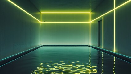 Obraz premium a dark room with yellow neon lights and a pool