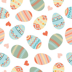 Happy easter. Seamless pattern with easter eggs, hearts on white background.