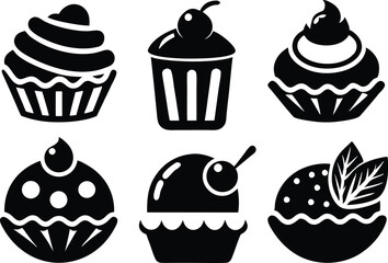 bakery and desserts silhouette icon bundle set, set of cakes, vector of bakery and desserts food set, set of cupcakes on white background.