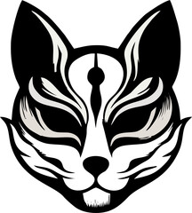 Mythical Japanese Kitsune Mask – Vector Illustration of Fox Face in Black and White