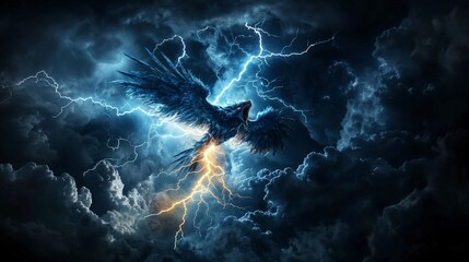 Thunderbird soars amidst stormy skies dramatic fantasy art dark atmosphere electrifying imagery