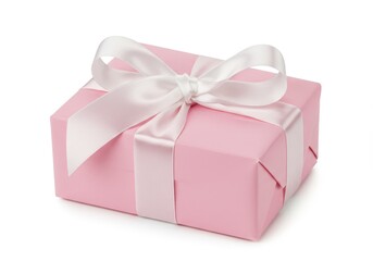 Obraz premium Pink gift box with white satin ribbon and bow isolated on white background