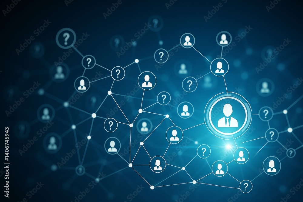 Poster Blue glowing social network connection concept with user icons and question marks on digital background representing communication and technology.