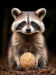Fototapeta premium Curious raccoon with a round object in its paws, showcasing its unique features and playful nature in a forest setting