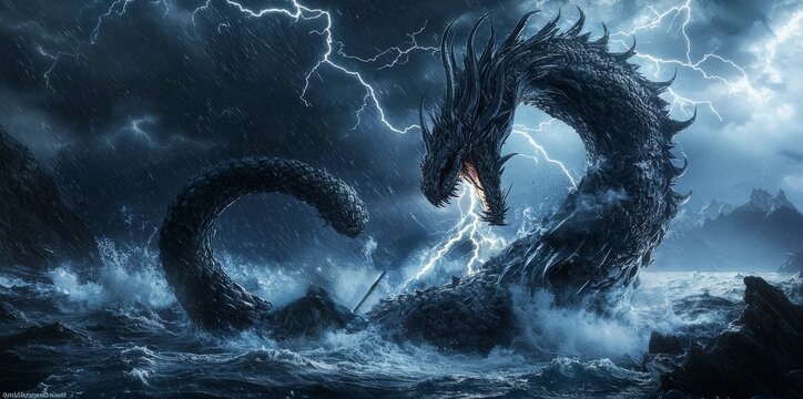 Epic battle between jormungandr and thor mythological realm digital art dramatic stormy environment dynamic viewpoint