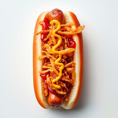 photo of a juicy hot dog with fried sausage, ketchup, mustard and fried onions