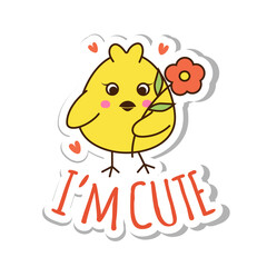 Sticker with cute yellow chicken with flower. Vector illustration isolated on white background.