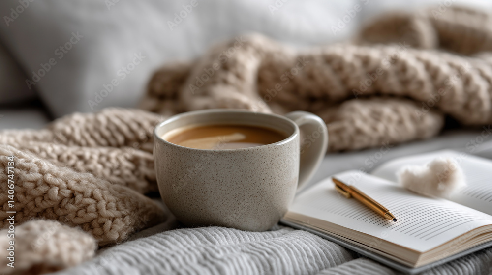 Poster A warm cup of coffee sits beside a cozy blanket and an open notebook on soft bedding, inviting peaceful thoughts and reflection during a serene morning routine, creating a tranquil atmosphere