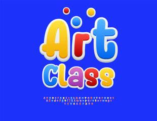 Vector Creative logo Art Class. Bright Joyful Font. Festive Colorful Alphabet Letters and Numbers