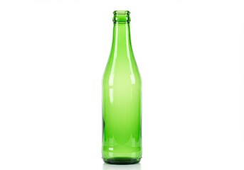 Empty green glass bottle standing upright and isolated on a white background