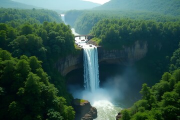 Aerial Photo of Dense Rainforest with Stunning Waterfall