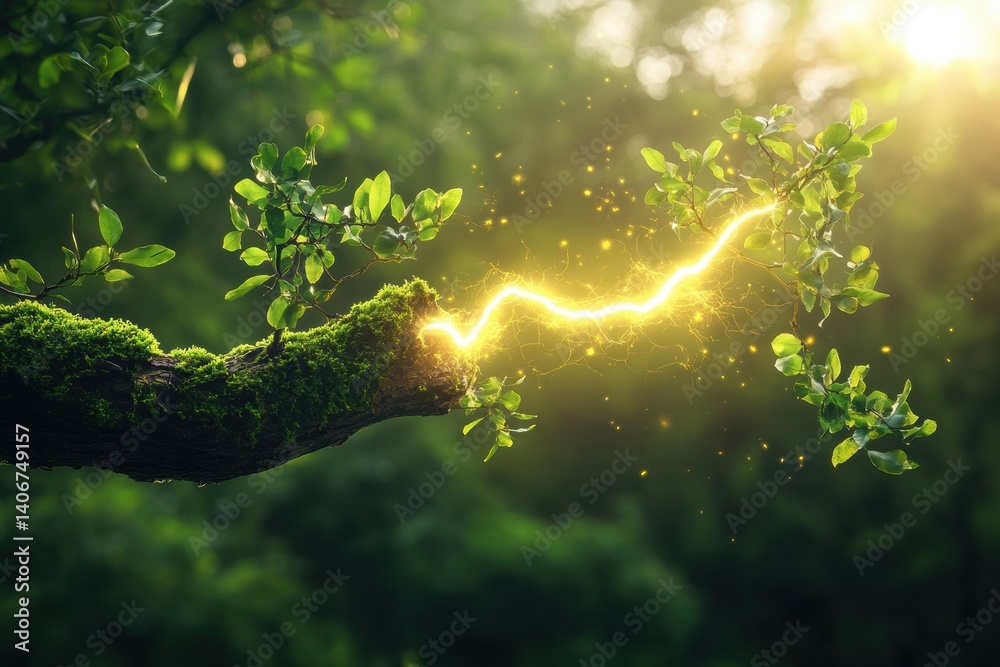 Poster Tree branch shaped like lightning bolt symbolizes the power of nature in a forest setting during the golden hour of sunlight filtering through leaves