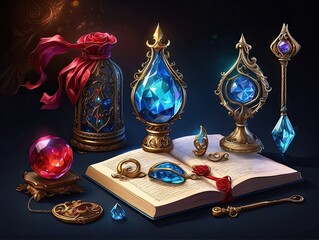 Fantasy RPG Collection: Spell Book, Enchanted Orb, and Mystical Items