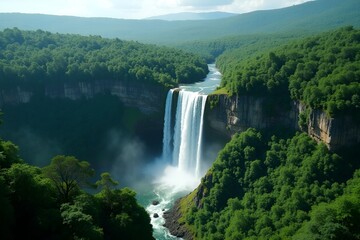Aerial Photo of Dense Rainforest with Stunning Waterfall