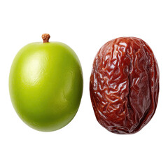 Fototapeta premium A green jujube next to a dried jujube, highlighting their distinct shapes and colors.