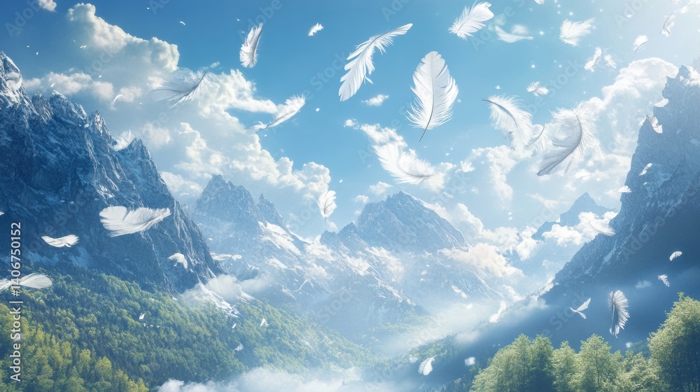 Poster Floating feathers drift softly over enchanting mountains during a tranquil day in Lapki
