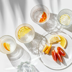 Fruit Infused Water in transparent Glasses, palm leaf Shadow at sunlight on White background with caustics effect. Aesthetic summer fresh drink with slices of lemon and orange in glass cups, above