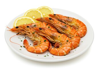 Grilled shrimp with lemon and herbs on white plate isolated on white background