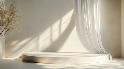 Beige Minimalist Product Display Platform with White Curtain
