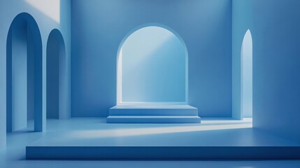 Fototapeta premium Light Blue Minimalist Room with Arches and Stage
