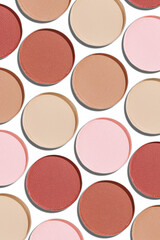 Cosmetics texture pattern, Neutral brown beige eye shadow makeup palette, round eye powder swatches. Female cosmetic and beauty products, aesthetic minimal beauty photo, natural eyeshade, top view