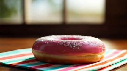 Sweet Treat: A delicious, close-up shot of a glazed donut with a vibrant pink frosting, sprinkled with sugar, on a striped cloth. The bright, glossy surface contrasts beautifully with the casual.