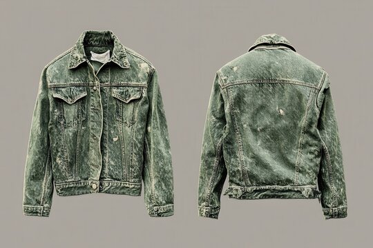 Olive-Green Denim Jacket: A front and back view displays an acid-washed jacket, blending vintage style with a contemporary edge.