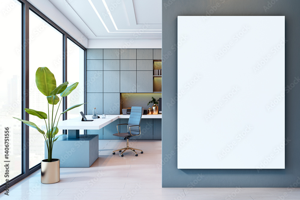 Poster modern office interior with blank canvas poster on wall for mockup or presentation template in a bri