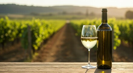 Fototapeta premium Vineyard Wine Tasting with Glass and Bottle at Sunset