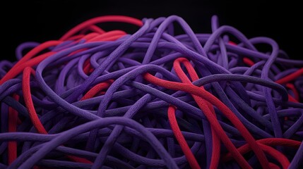 Abstract image of tangled purple and red cords, creating a complex and textured pattern.
