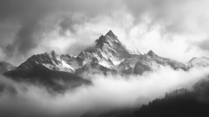 Majestic Snowy Mountain Peaks in Foggy Landscape