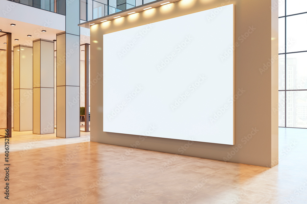 Poster blank canvas display mockup in modern office building interior with polished floors and glass wall l
