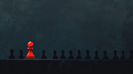 A bright red chess pawn standing out boldly against a row of black pawns, representing a unique approach and thinking differently illustration