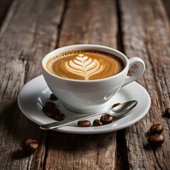 Fototapeta premium Hot coffee latte with latte art milk foam in cup mug